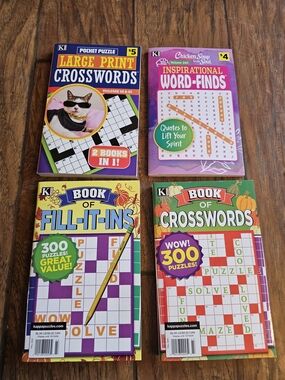 Large Print Crosswords & Puzzle Book Lot - Bright Multicolor Covers